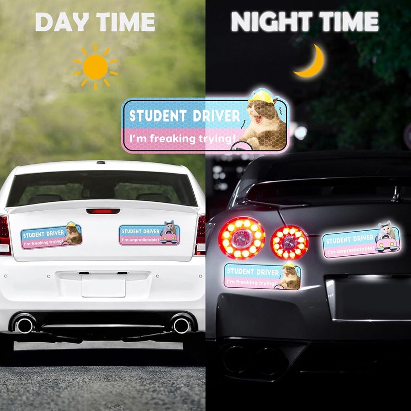 CNhoqc New Student Driver Magnet - 4pcs Cute Shivering Cat Please Be Patient Student Novice Driver Magnetic Reflective Bumper Sticker Safety Attention Signs Reusable Movable Car Magnet Safety Warning - Image 4